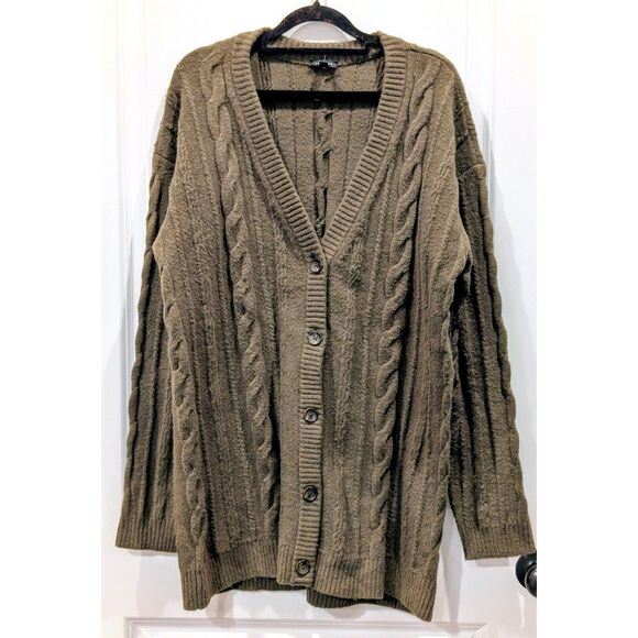 Talbots Cable Knit Cardigan V-Neck Fuzzy Wool Blend Olive Green Large L - Picture 1 of 6
